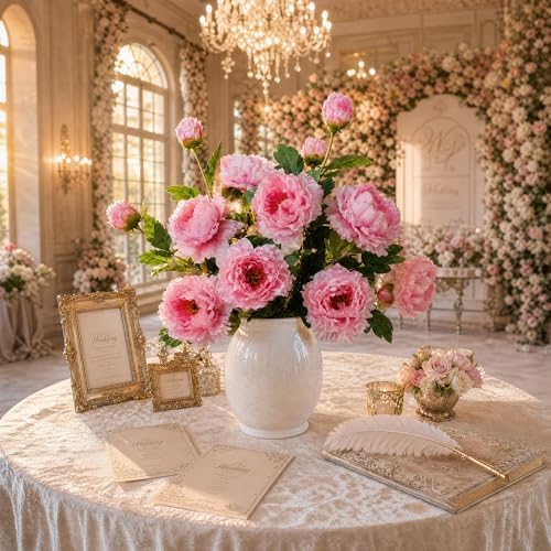 Silk Peonies Faux Flowers 4PCS, Pink, 31.5'' Long Stem by ENALGRE