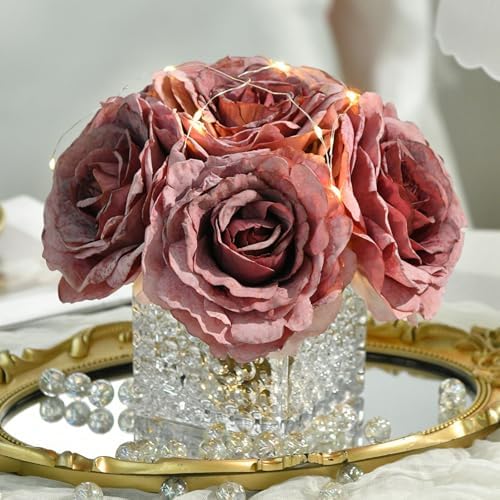 Silk Roses in Glass Vase with LED, Low Centerpiece for Table, Plum Purple by YSZL
