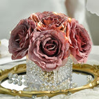 Silk Roses in Glass Vase with LED, Low Centerpiece for Table, Plum Purple by YSZL
