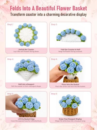 Crochet Flower Bouquet Coasters, Cotton Rose Gifts for Home Decor 2Pcs - Image 3