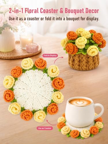 Crochet Flower Bouquet Coasters, Cotton Rose Gifts for Home Decor 4Pcs - Image 6