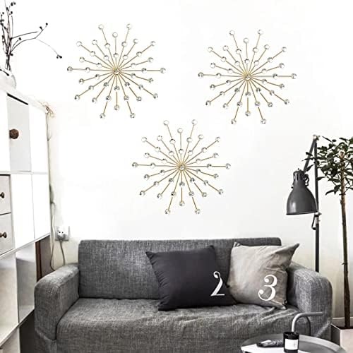 ZEXUIRU 3 Set Gold Starburst Wall Art for Home Decor Metal Bling Crystal Rhinestones Sunburst Wall Decor Sparkling Rhinestone Art Accent Gold - 13in - Image 2