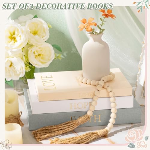 Faccito Set of 3 Linen Decorative Books with Wooden Beaded Garland Tassel Elegant Aesthetic Fake Books for Coffee Table Shelf Mantel Storage Boxes for Modern Home Decor (Light Green) - Image 2