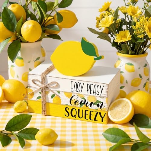 Geelin 4 Pcs Lemon Kitchen Decor Table Decoration Wooden Book Stack Signs - Image 2