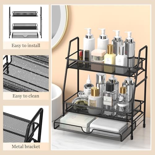 2-Tier Bathroom Counter Organizer with Drawer, Bathroom and Makeup Organizer Countertop, Easy to Install, Ideal for Bathroom organizer, Vanity, Large Skincare, Perfume, Present, and More,Black - Image 4