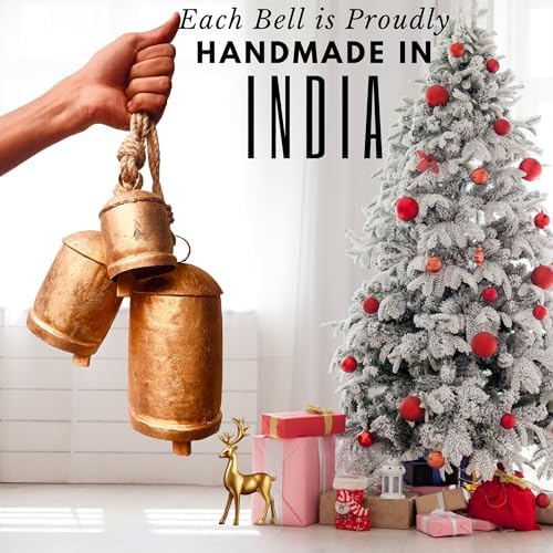 Decorative Cow Bells Set of 3 Large Harmony Bells - Vintage Giant Christmas Bells, Country Rustic Cowbell on Jute Rope XL Hanging Lucky Golden Bells (4"-6"-8") - Image 5
