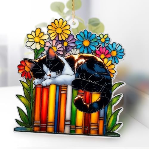 Cat Book Ornament – Stained Glass Style Acrylic Christmas Ornament, Book Lover Gifts for Women, Teacher & Librarian Holiday Decorations, Bookworm Fantasy Ornament for Reading Nook or Tree(Sun-16) - Image 2