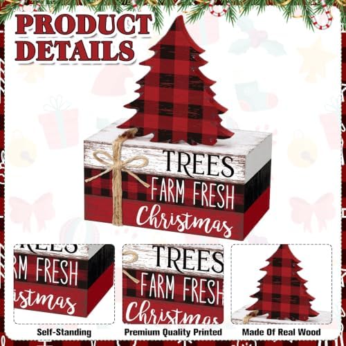 Geelin 4 Pcs Christmas Buffalo Plaid Table Decoration Wood Book Stack Signs - Image 3