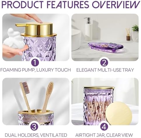5 Piece Glass Bathroom Accessories Set, Purple & Gold Vanity Countertop Set - Image 4