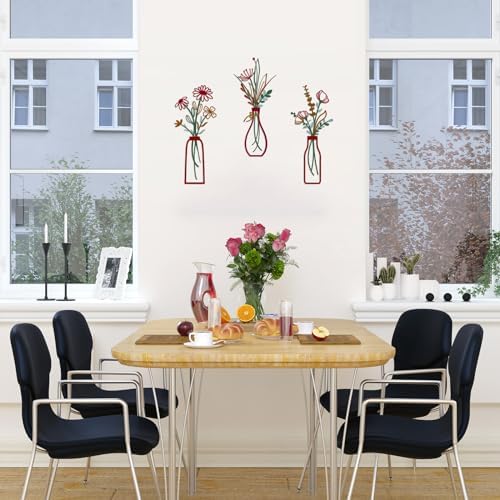 Pigort 3 Pieces Metal Vase Flowers Wall Arts - Rustic Farmhouse Style Décor Metal Wall Art Black Minimalist Flower Natural Themed Wall Decors for Home Bedroom Dining Room Housewarming (Red, Vase-C) - Image 7