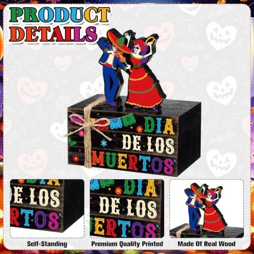 Geelin 4 Pcs Dia De Los Muertos Table Decoration Wooden Book Stack Signs - Image 3