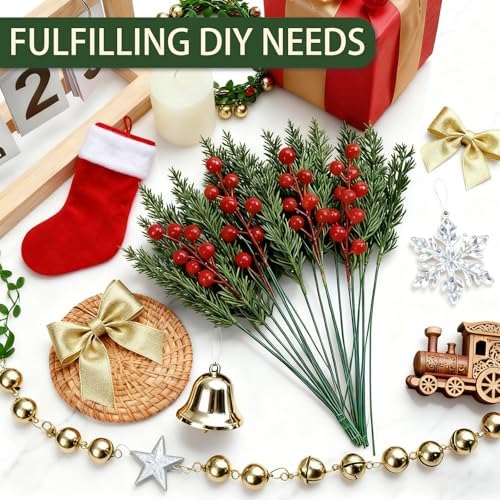 50 Pcs Christmas Artificial Pine Branches with Red Berry Stems - 10.5" Faux Greenery Norfolk Pine Fake Cedar Pine Needles Picks for Wreaths Craft DIY Garlands Home Decor - Image 5