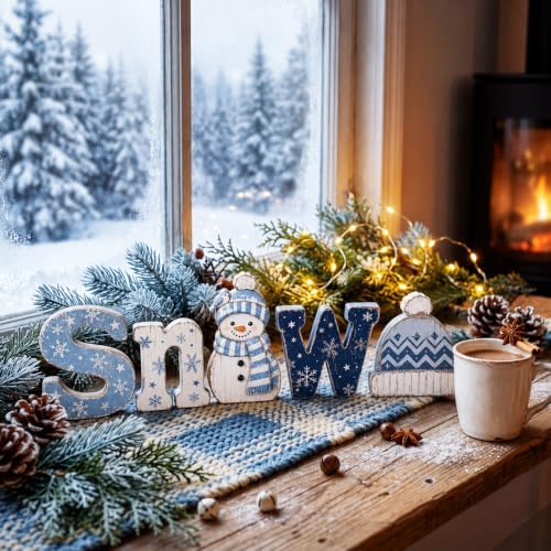 Threehoney 5 Pcs Winter Snow Wooden Table Decor, Snowman Design for Mantel - Image 3