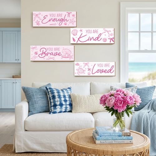 4 Pcs Pink Coastal Wall Decor, Positive Affirmations Wall Art Decor, Inspirational Wooden Signs, Beach Boho Bow Wall Art Hanging Plaques, Perfect for Girls Bedroom, Bathroom, Living Room - Image 7