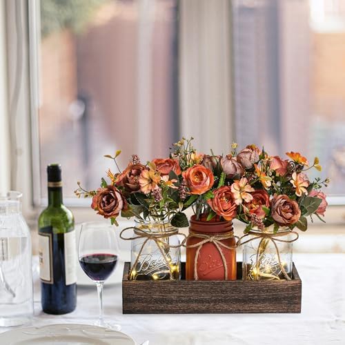 3 Pcs Mason Jar Centerpiece Table Decorations for Dining Table Decor Farmhouse Coffee Table Decor with Wood Tray and Led Light Table Centerpieces for Dining room Kitchen Living Bathroom,Orange - Image 4