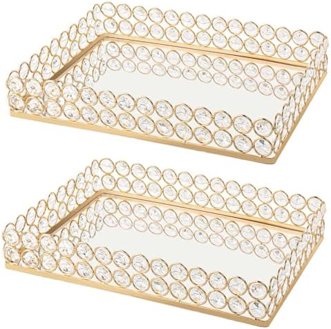 2 Pcs Gold Metal Crystal Mirror Tray - 11.2"x8.1" Table Centerpieces Tray, Multi-Functional Display for Flowers/Cupcakes/Jewelry, Vanity Organizer & Wedding Dessert Table Accent by kehail