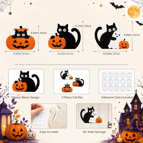Lucky Merit Black Cat Halloween Decor, 3 Pcs Wooden Cat Pumpkin Decorations - Image 3