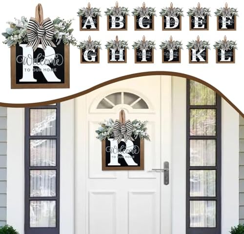 Ultra Large 14'' Last Name All Year Round Front Door Wreath with 26 Initial Letter Welcome Sign All Seasons Eucalyptus Garland and Bow Wreaths for Front Door Porch Farmhouse Decoration (R) - Image 5