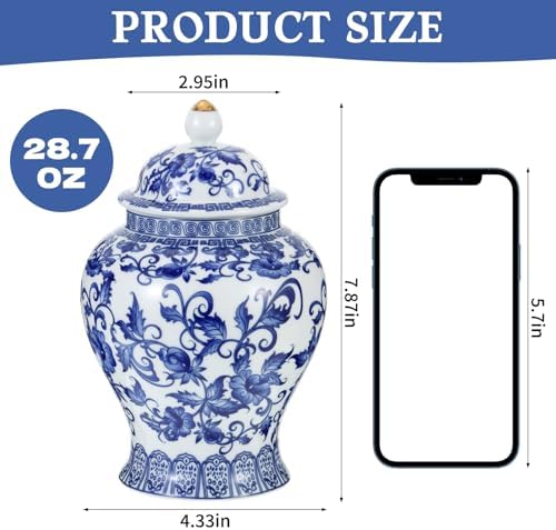 Small Chinoiserie Ginger Jar, 7.87 Inch Ceramic Blue and White Ginger Jar with Lid, Porcelain Ginger Jars Vase for Home, Living Room, Coffee Table, Shelf Decor (Blue&White) - Image 2