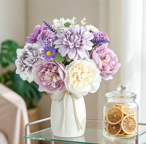 18Pcs Purple Fake Flowers with Vase, Silk Dahlias Purple Artificial Flowers - Image 5