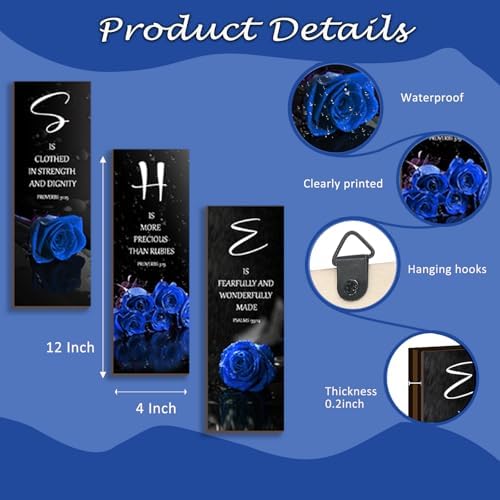 DONFENTHY 3 Pcs Blue Bedroom Decor Blue Rose Wooden Wall Decor Navy Bathroom Inspirational Farmhouse Office Signs With SHE Bible Words Decor For Women Bedroom Home(12x4Inch) - Image 4