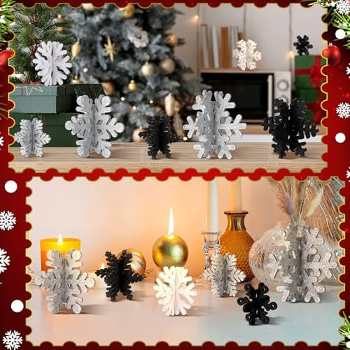 Wenqik 16 Pcs Wooden Snowflake 3D Centerpieces,White, Black, Silver - Image 6