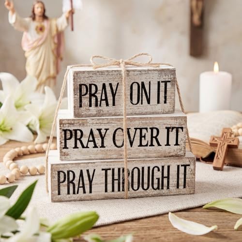 Yuntau 4 Pcs Christian Wooden Block Sign Pray Verse Tiered Tray Decor - Image 2