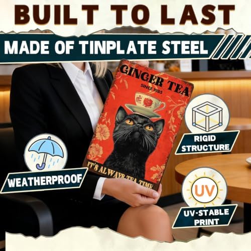 Funny Black Cat Tin Sign Ginger Tea It'S Always Tea Time Metal Sign Wall Decor For Home Cafe Bar Kitchen Poster 12x16 Inch - Image 3