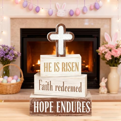 Easter Decorations - He Is Risen Cross Tiered Tray Decor - Faith Redeemed Religious Wooden Tabletop Sign - Farmhouse Easter Christian Home Decor Indoor - Spring Home Decor for Living Room, Kitchen Counter, Seasonal Farmhouse Display - Image 3