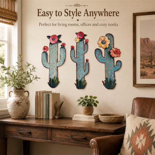 flangairy 3 Pcs Metal Cactus Wall Art, Southwestern Decor for Living Room - Image 5