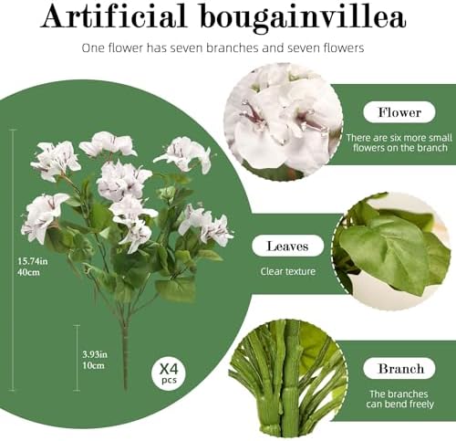 Bougainvillea Artificial Faux Bougainvillea Outdoor 4 Pack Fake Bougainvillea Hanging Flowers Artificial Bougainvillea for Indoor Home Porch Garden Decor Spring Flowers No Vases(White) - Image 2