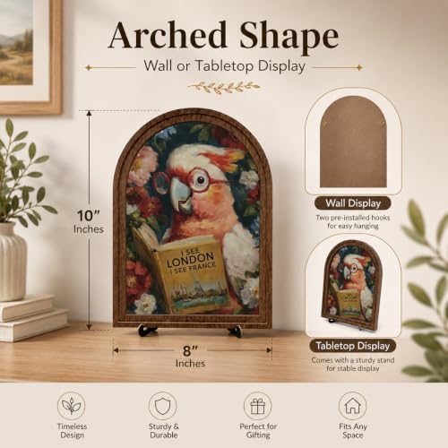 Book Lover Decor Arched Wooden Frame Tabletop Sign, Funny Reading Bird Bookshelf Decor for Desk Shelf and Reading Nook, Vintage Floral Parrot Art Accent - Image 6