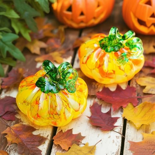 Hand Blown Glass Pumpkin Figurine Yellow Fall Thanksgiving Table Decor - Image 5