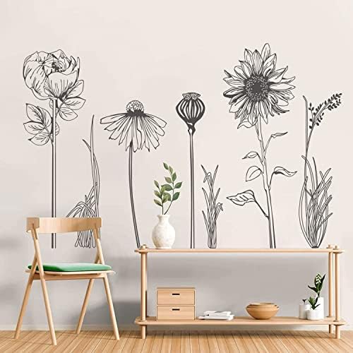 Black Simple Flower Plant Wall Decals, 2 Sheets Large Boho Floral Modern Wall Stickers Peel Stick Sketch Wildflower Wallpaper Art Decor for Bedroom Living Room Office Gifts for Mom(11.8x35.4 in/Sheet) - Image 4