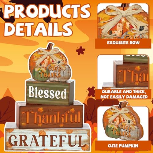4 Pcs Fall Decor for Home Thanksful Pumpkin Wooden Signs with Blessed - Image 3