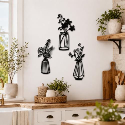 Qzmaikoo 3 Pieces Black Metal Flowers Wall Decor Vase Art Sculptures Hanging for Indoor Kitchen Bathroom Dining Room Patio, 14.56x7.48 Inches - Image 2
