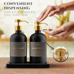 Glass Soap Dispenser Set of 2 (Black) with Silicone Tray | Hand and Dish Soap Dispenser for Kitchen and Bathroom | 16.8 Oz Glass Bottles with Stainless Steel Pump & 15 Waterproof Labels (Black/Gold) - Image 4