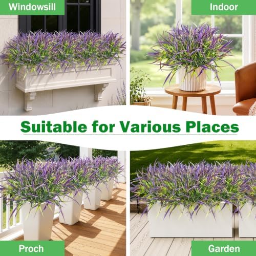 Uieke 28 Bundles Artificial Outdoor Plants UV Resistant Fake Grass Plants Faux Plastic Plants Greenery Shrubs for Home Garden Pathway Window Box Front Porch Cemetery Spring Summer Decor, Purple - Image 6