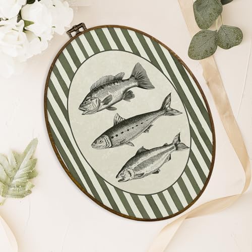 dvhdajed Vintage Fishing Hunting Oval Wall Art Decor, Wood land Cabin Lake Fish Framed Canvas Art, Farmhouse Fish Decorations, Rustic Green Striped Wall Hanging Decor for Boys Room Bedroom, 8.7x11.3 - Image 4