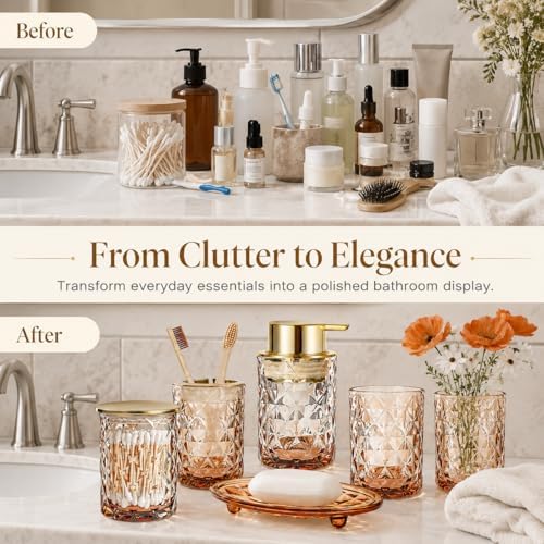 5 Piece Glass Bathroom Accessories Set, Brown & Gold Vanity Countertop Set - Image 5