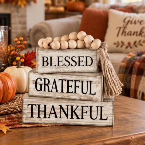 Yuntau 4 Pcs Farmhouse Thanksgiving Table Decor Stacked Wooden Block Sign - Image 2