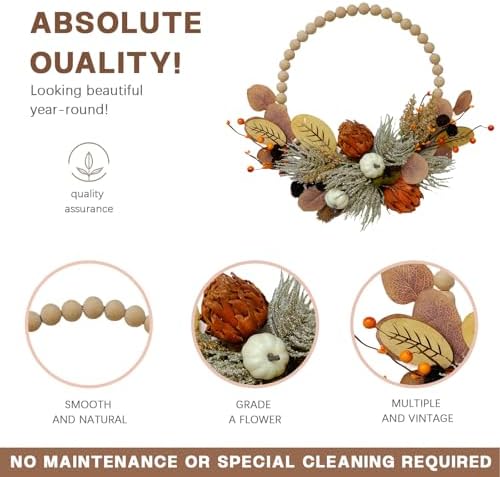 TEMPUS 16" Artificial Fall Wooden Beads Wreath with Leaves, Chrysanthemums & Mini Pumpkins - Handcrafted Harvest Decor for Front Door, Wall, Farmhouse (Indoor/Outdoor Use) - Image 2