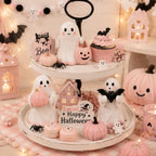 Halloween Ghost Decor, 3 Pcs Cute Pink Resin Ghost Figurines with Pumpkin, Candy Bowl & Bat, Small Halloween Decorations Indoor, Spooky Home Decor for Table, Shelf, Tiered Tray & Mantel - Image 3