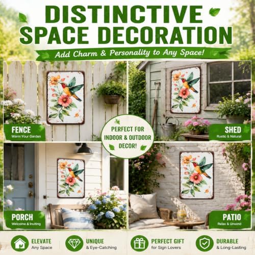 Hummingbird Wall Decor Metal Tin Sign Vintage Hummingbird Floral Wall Art Retro Metal Plaque Farmhouse Country Home Garden Decoration Print Poster Farmhouse Accent Home Decor 8x12 Inch - Image 5