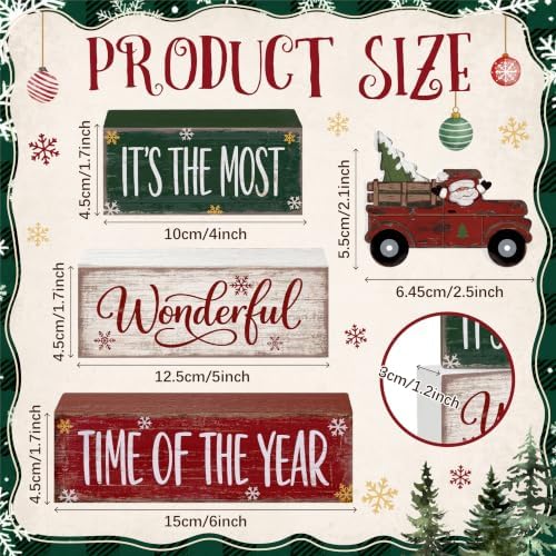 4 Pcs Christmas Table Decorations, Wooden Truck Block Sign Indoor - Image 3
