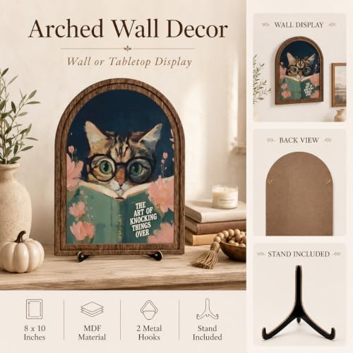 Funny Cat Decor Arched Wood Frame Tabletop Sign, Vintage Reading Cat Art Decor with Stand, Rustic Shelf Desk Mantel Accent for Bathroom Office Home - Image 4