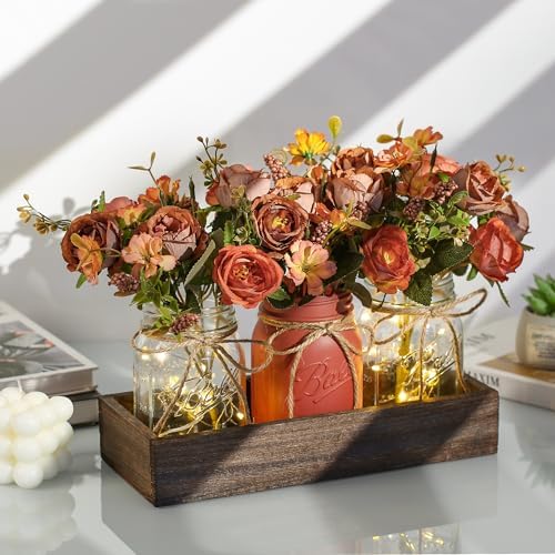 3 Pcs Mason Jar Centerpiece Table Decorations for Dining Table Decor Farmhouse Coffee Table Decor with Wood Tray and Led Light Table Centerpieces for Dining room Kitchen Living Bathroom,Orange - Image 2