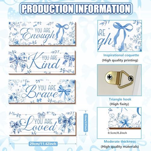 Riletese 4 Pcs Blue Flower Coquete Bow Room Decor, Teen Girls Trendy Preppy Wall Art Aesthetic for Bedroom Bathroom Decor, Inspirational Positive Affirmations - Image 2