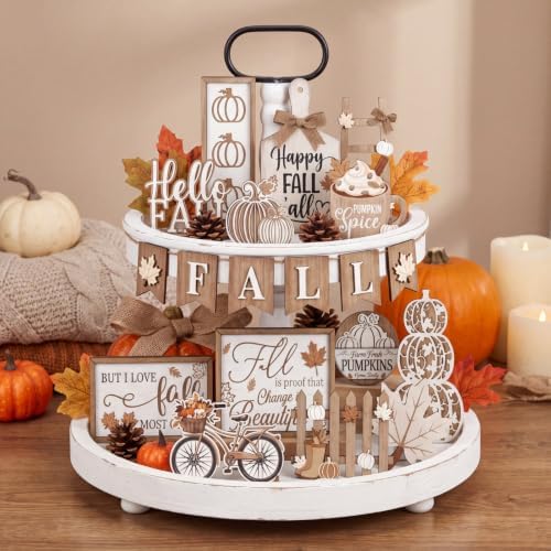 Shellwei 20 Pcs Fall Tiered Tray Decor Set, Neutral Autumn Pumpkin Sign by Shellwei