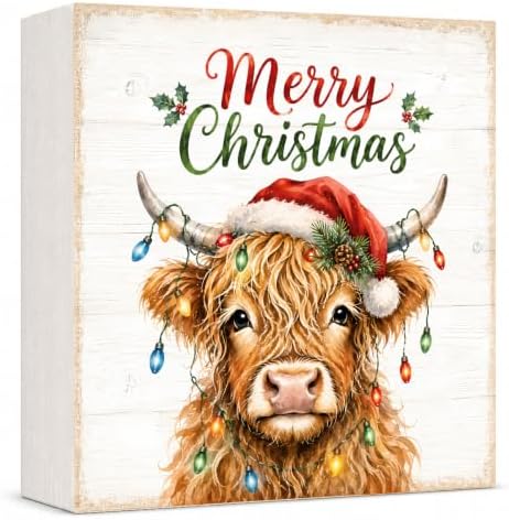 Christmas Highland Cow Decorations Wooden Box Sign Santa Hat Lights by GUDIO